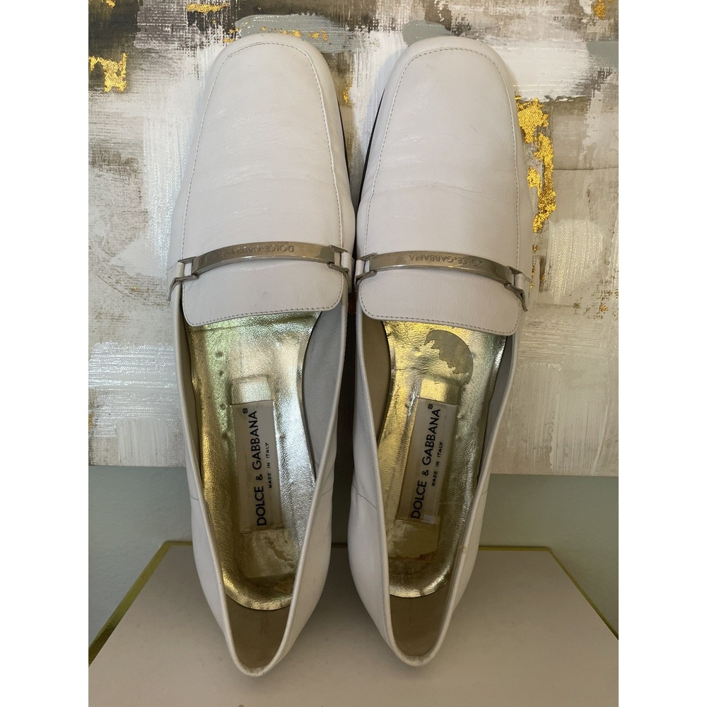 VTG Dolce & Gabbana Italy White Leather Square Toe Slip On Loafers/Drivers SZ 41